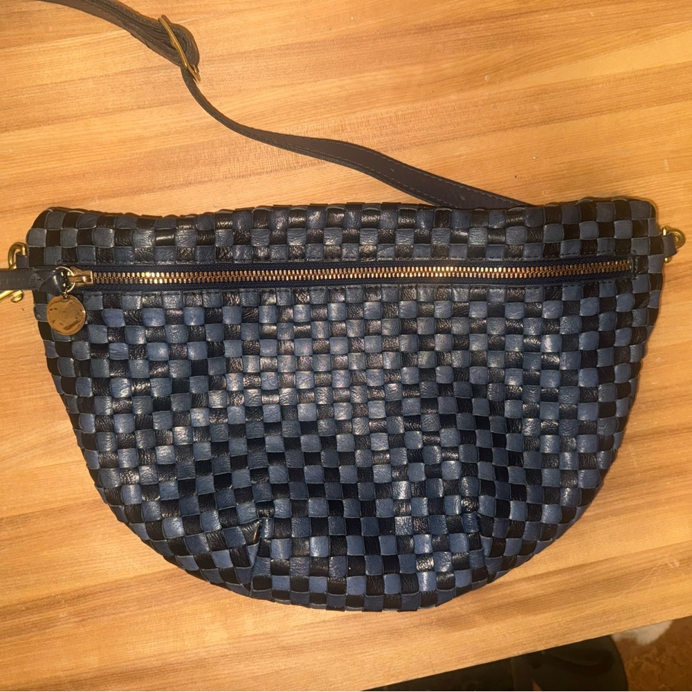 Clare V Grande Fanny in blue and black woven